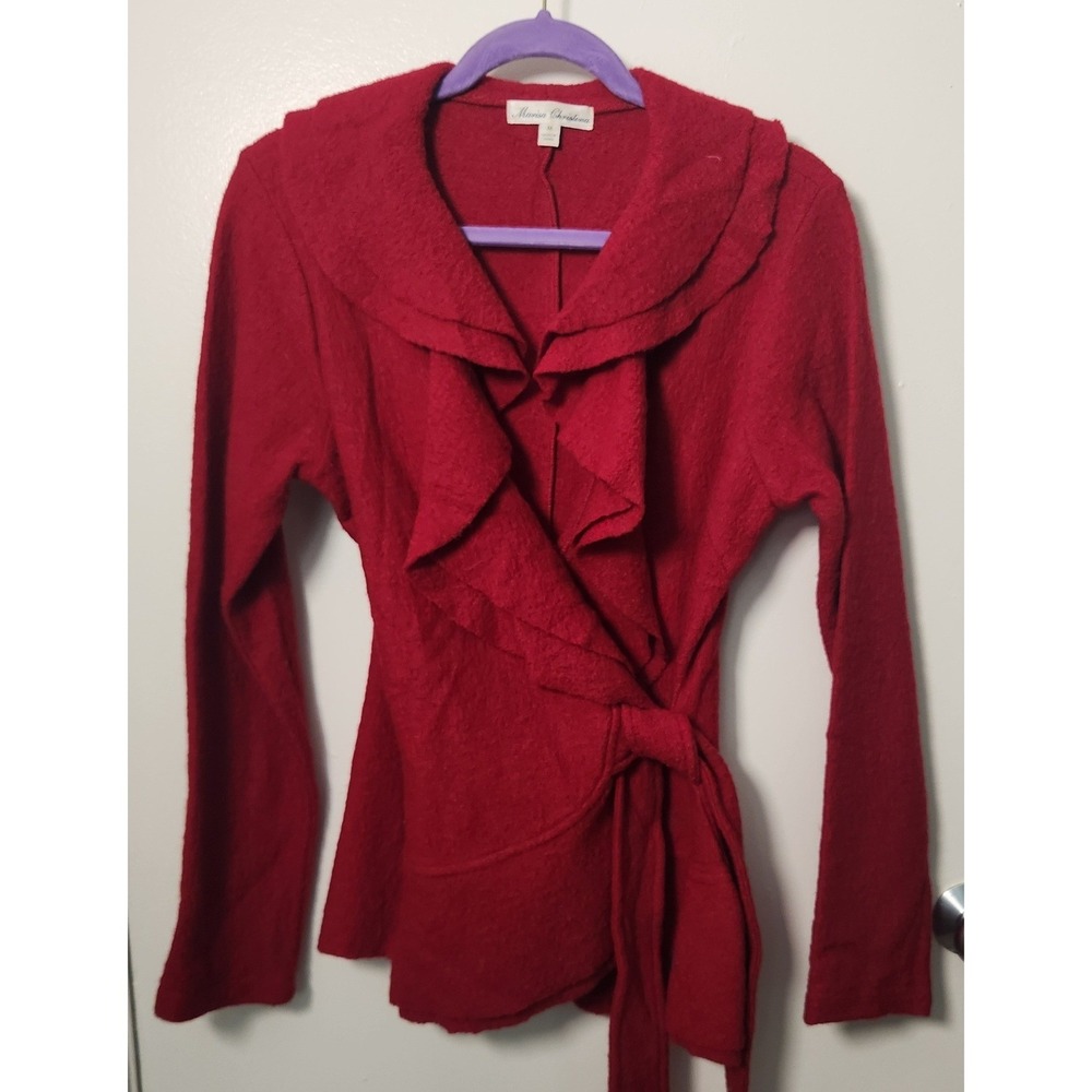 Marisa Christina Red 100% Wool Women's Wrap Sweater Medium Ruffle Collar